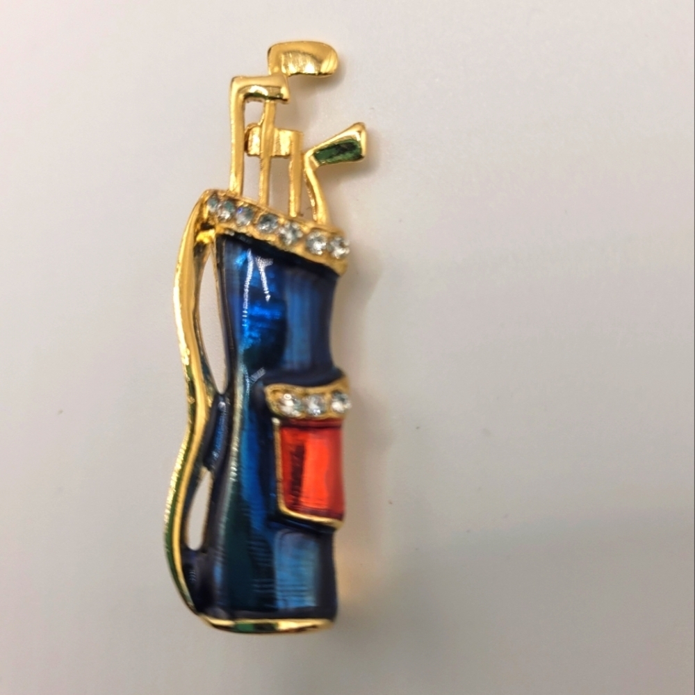 Krementz Vintage Golf Brooch 70s Gold Toned Enamal Rhinestones Very RARE
